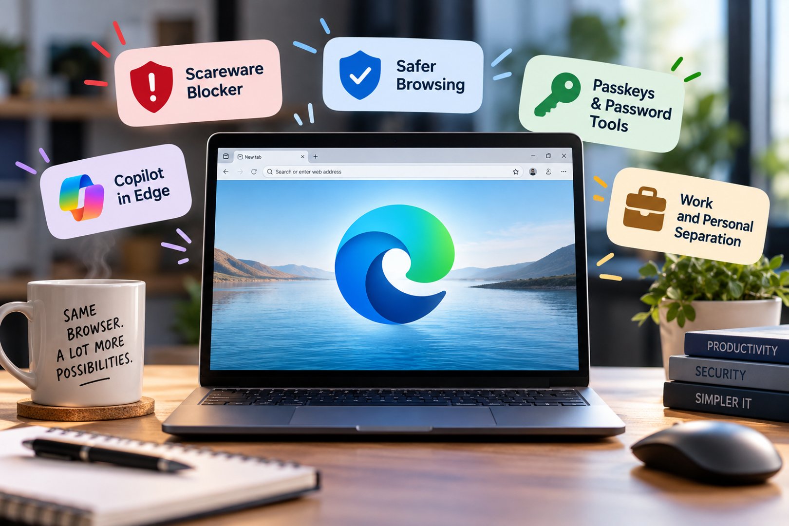 Laptop displaying the Microsoft Edge logo, surrounded by labels for scareware blocking, safer browsing, passkeys, Copilot and work-personal separation.