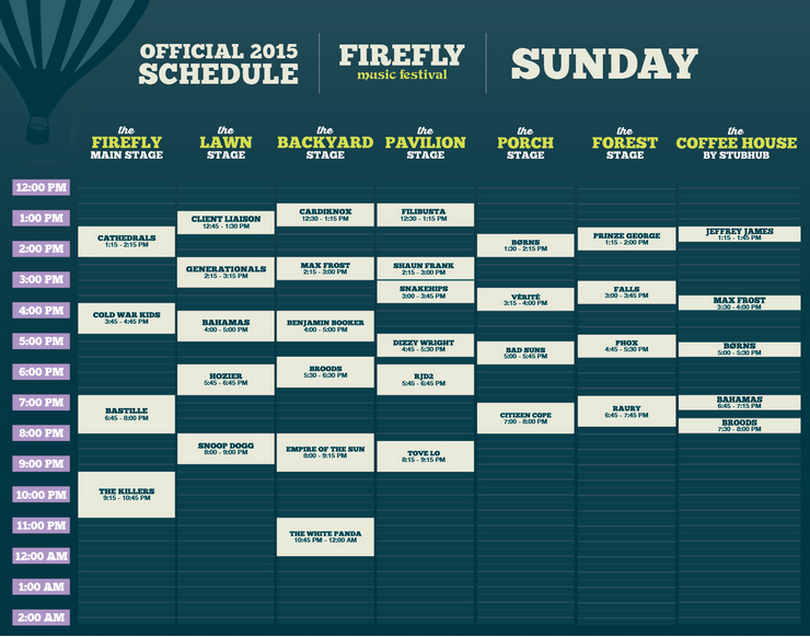 Firefly 2015 Sunday Schedule