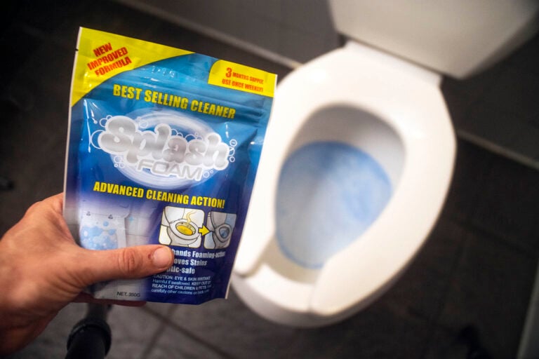 A bag of Splashfoam over toilet