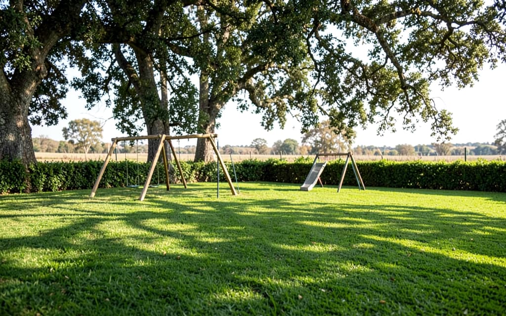 El parque con los juegos de madera al costado y la arboleda al fondo