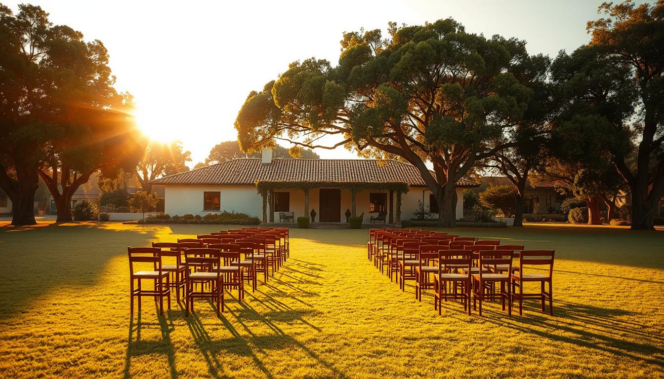 El parque de la quinta al atardecer, con las sillas de la ceremonia puestas sobre el pasto y la casa al fondo