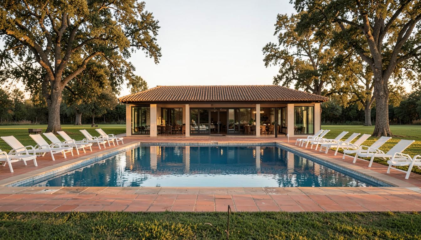 La pileta del predio al atardecer, con el salón de ventanales al fondo y las reposeras vacías