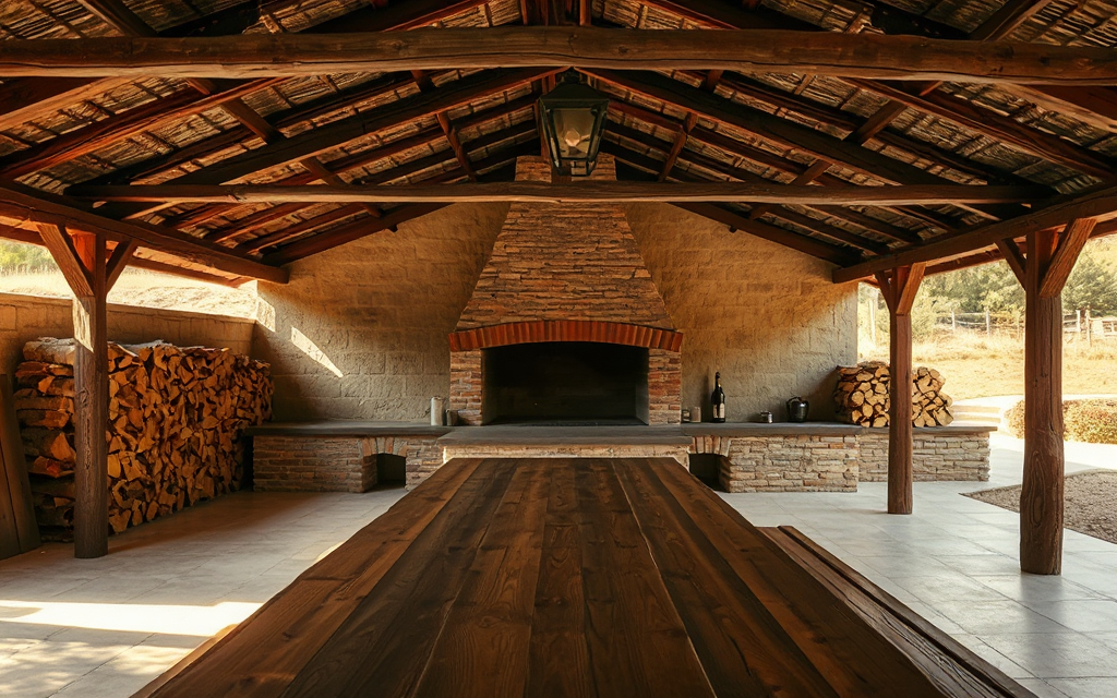 El quincho de la quinta, con la parrilla de ladrillo y la mesa larga de madera