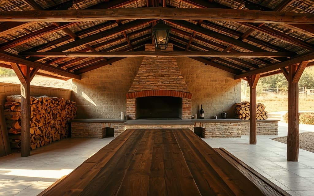 El quincho de la quinta, con la parrilla de ladrillo y la mesa larga de madera