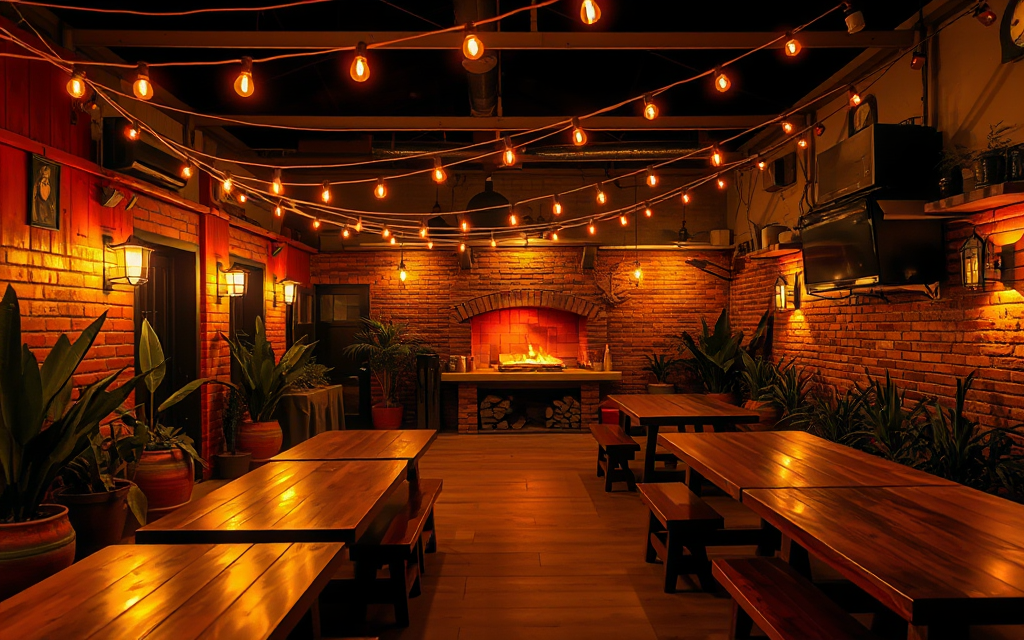 El patio al aire libre de noche, con las guirnaldas prendidas y la parrilla al fondo
