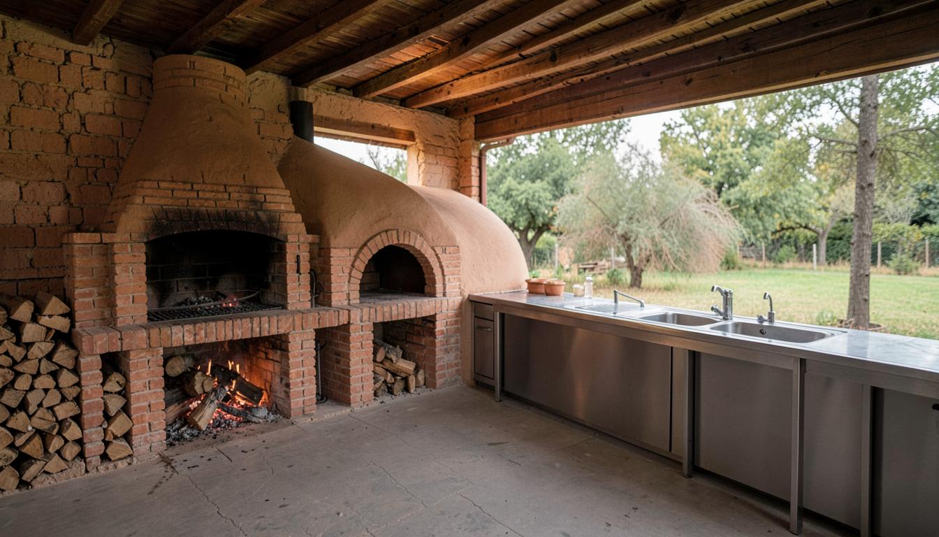 El sector de fuegos, con la parrilla de ladrillo, el horno de barro y la mesada