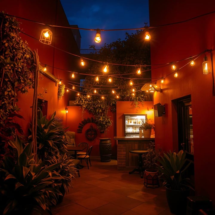 El patio al aire libre con luces cálidas colgadas