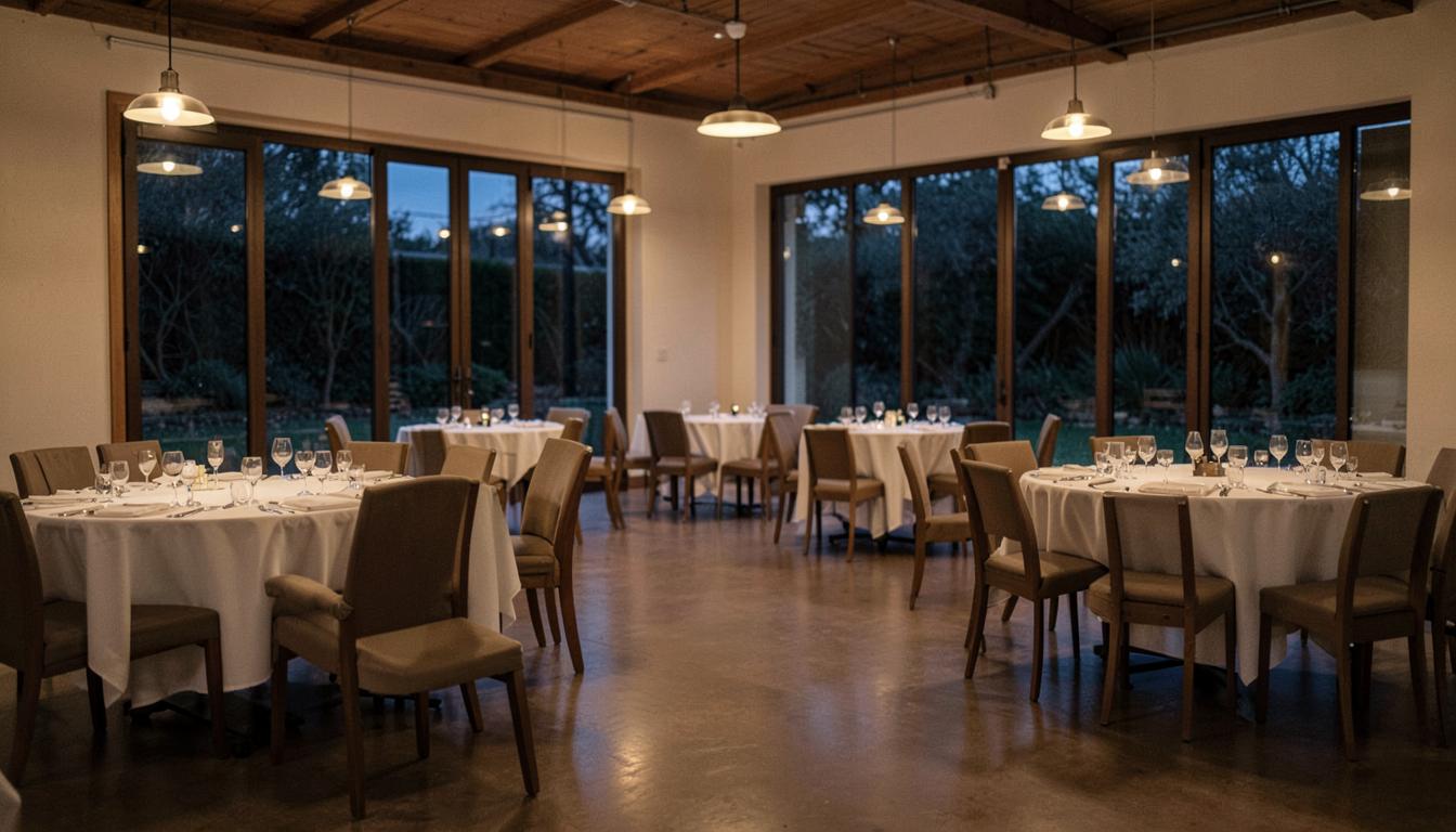 El salón techado con las mesas puestas y los ventanales al jardín de noche