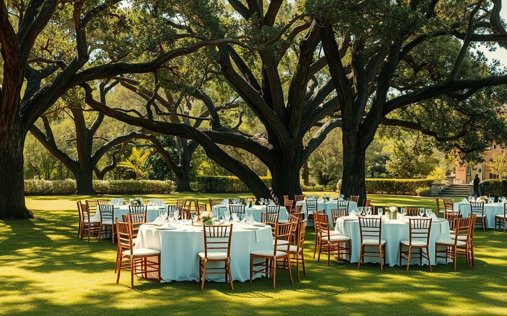 Las mesas puestas para un casamiento de día, bajo los árboles del parque