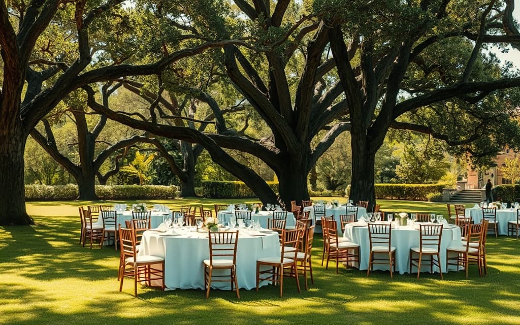 Las mesas puestas para un casamiento de día, bajo los árboles del parque
