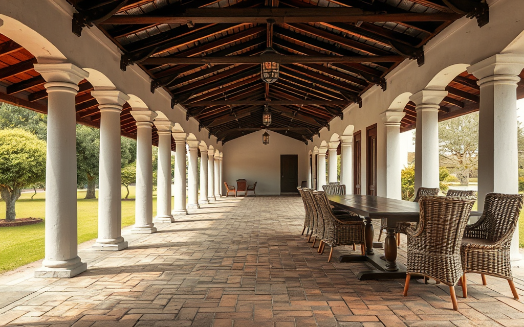 La galería techada de la quinta, con las columnas blancas y el piso de ladrillo mirando al parque