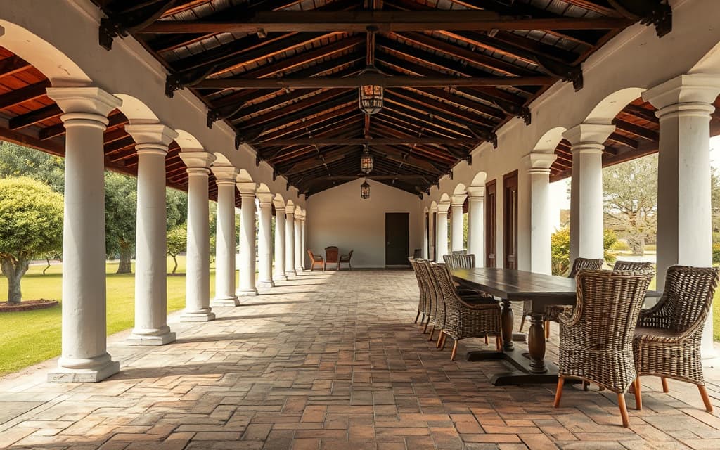La galería techada de la quinta, con las columnas blancas y el piso de ladrillo mirando al parque