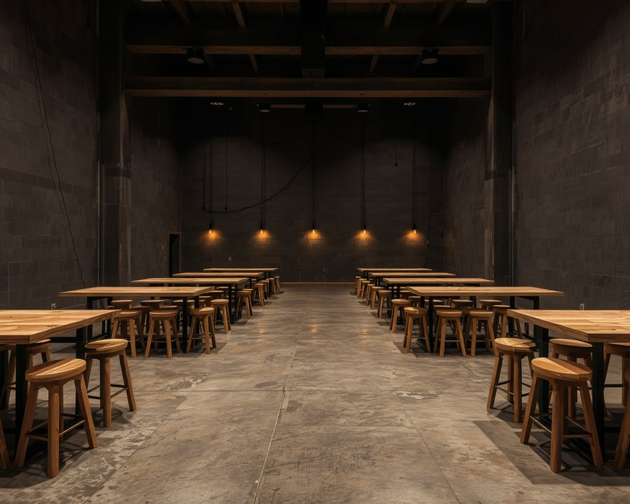 Las mesas y banquetas de ARENA antes de abrir, con las tapas de OSB y el piso de cemento