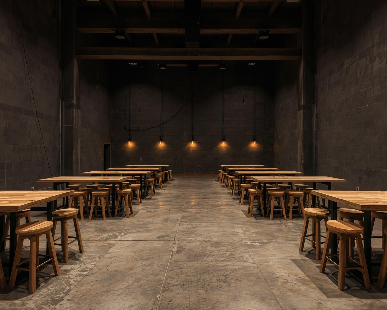 Las mesas y banquetas de ARENA antes de abrir, con las tapas de OSB y el piso de cemento