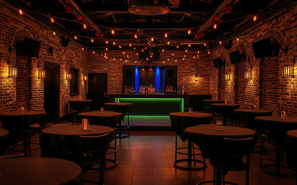El patio del club armado para un cumpleaños, con las mesas altas y las luces colgadas