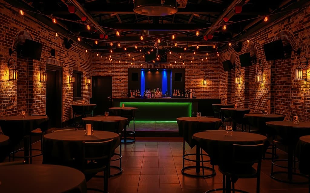 El patio del club armado para un cumpleaños, con las mesas altas y las luces colgadas
