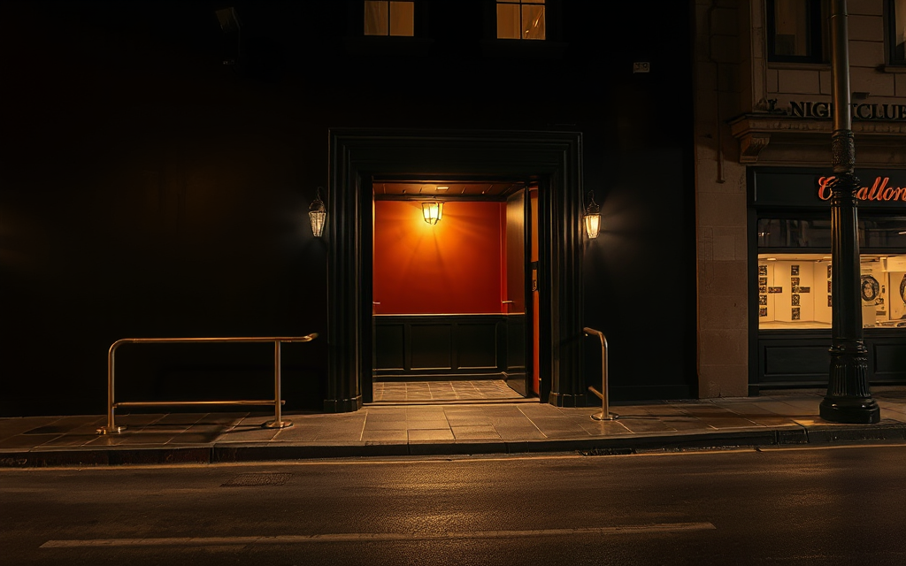 La entrada del club de noche desde la vereda, con la luz cálida saliendo por la puerta