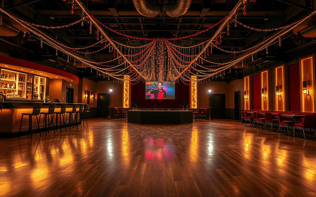 La sala grande del club armada para una fiesta de egresados, con la pista despejada