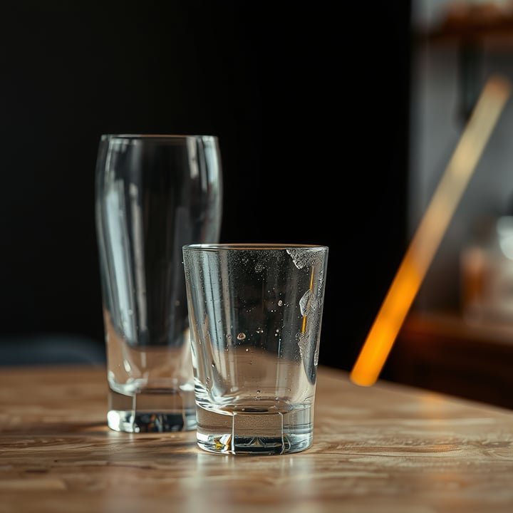 Vasos limpios sobre la barra de OSB de ARENA, con la luz ámbar en el canto