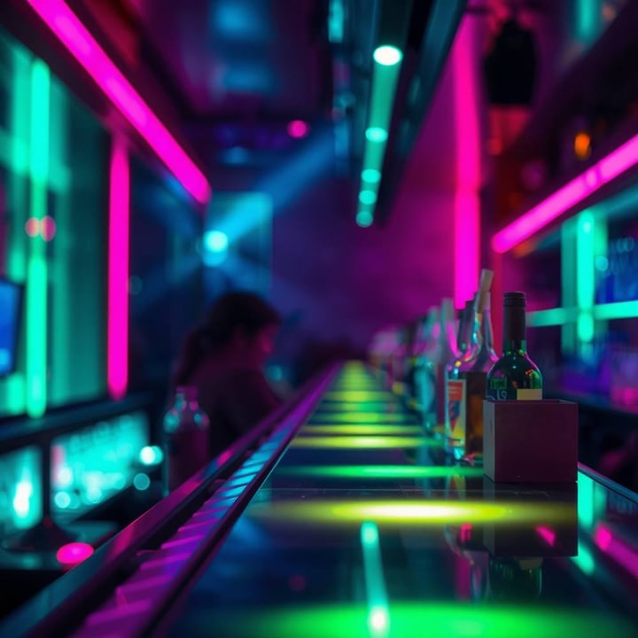 La barra iluminada con las botellas en el estante de atrás