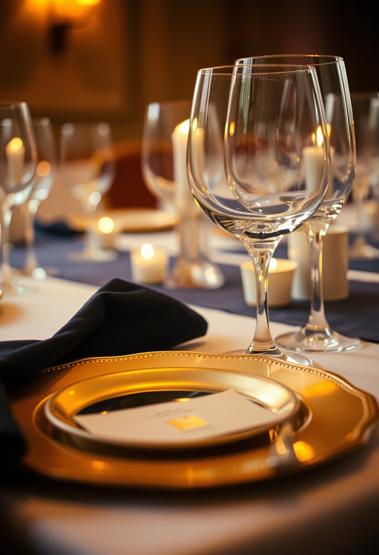 Detalle de mesa servida: plato dorado, servilleta oscura, copas y velas
