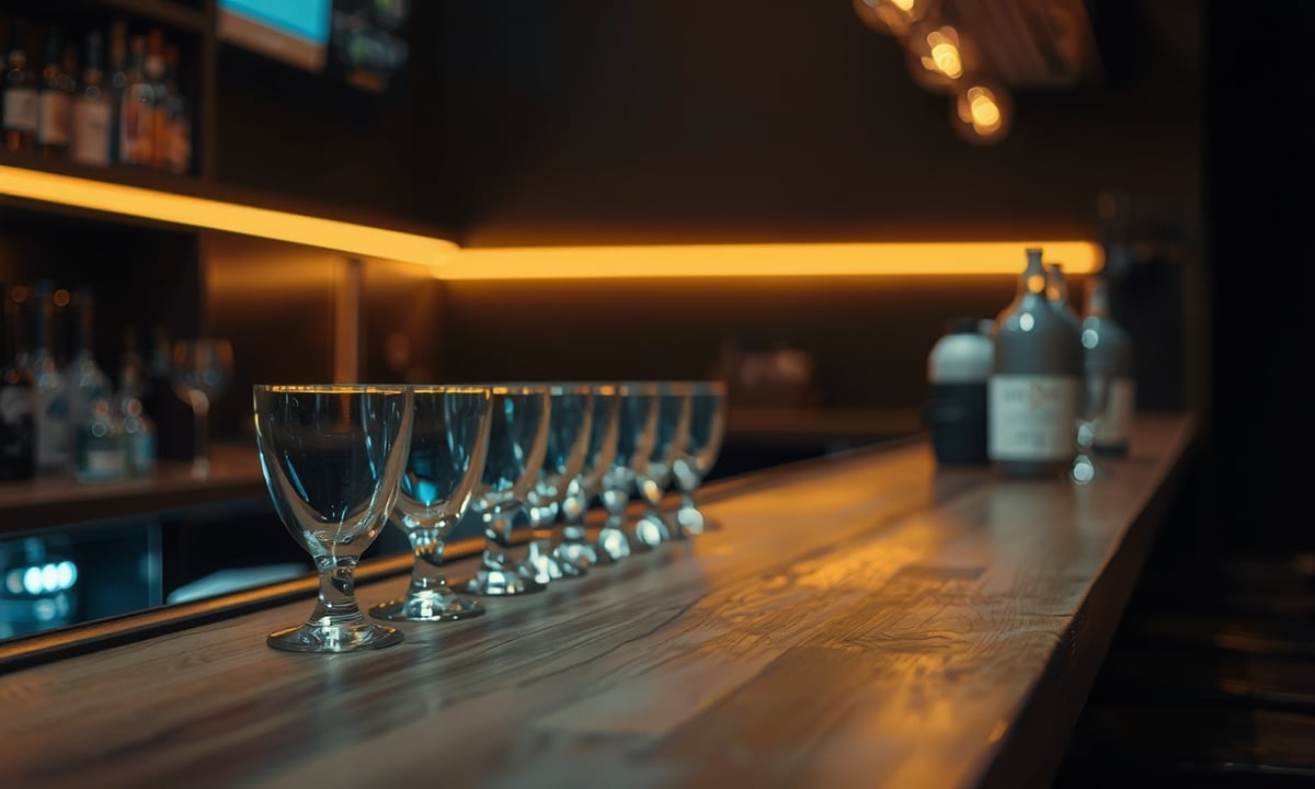La barra de ARENA desde el lado del que pide, con los vasos limpios y la hielera