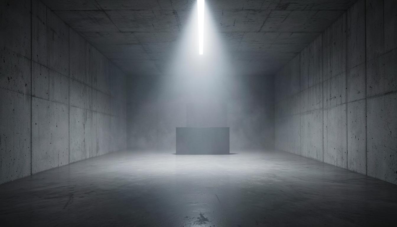 La sala industrial vacía con un solo haz blanco cayendo a plomo sobre la pista