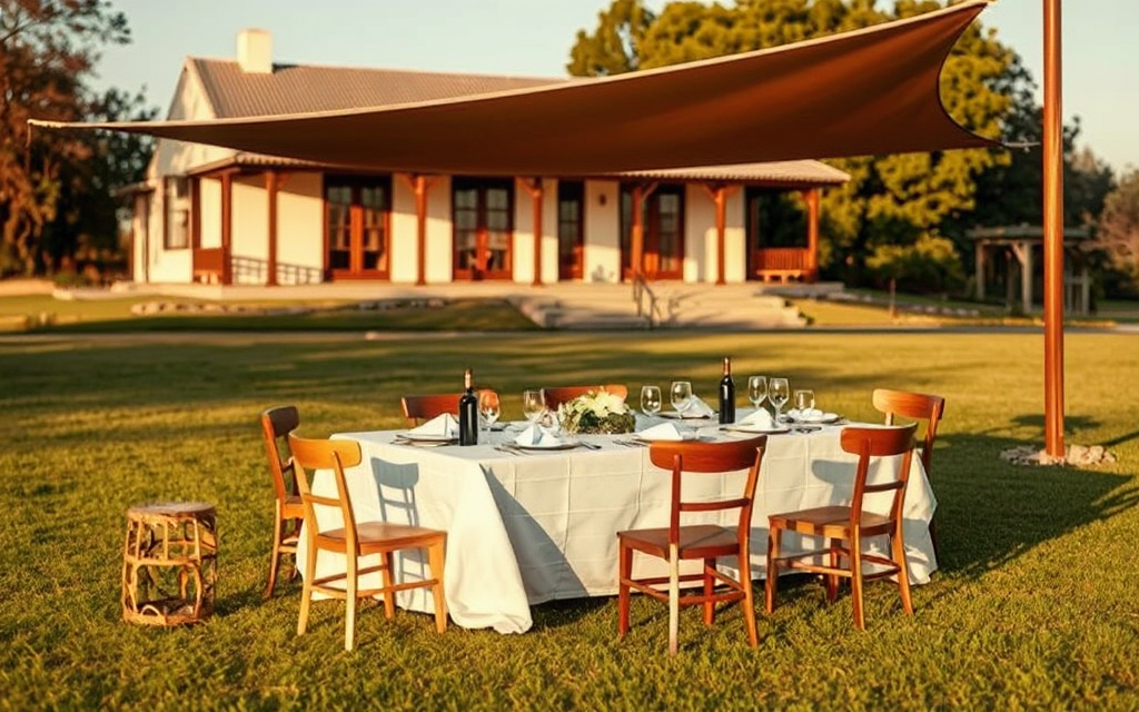 Una mesa larga puesta afuera para una fiesta de día, con la casa desenfocada atrás