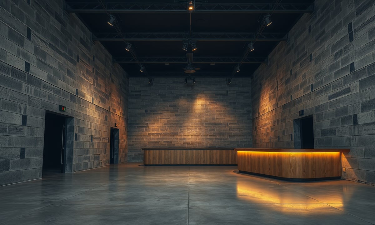El salón de ARENA a lo ancho, con la barra encendida al fondo y el techo negro