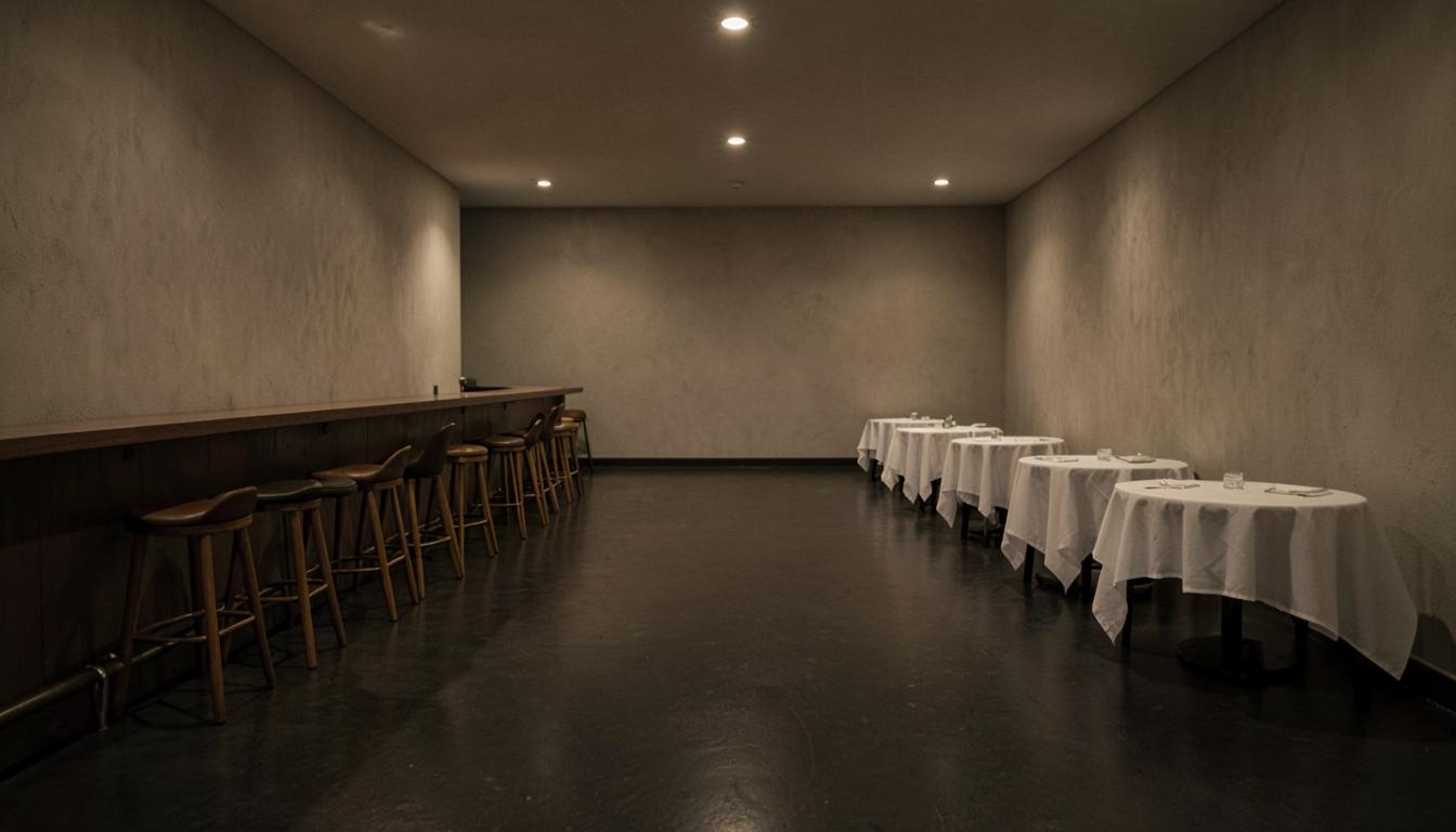 El salón urbano cerrado, con la barra a un lado y las mesas puestas del otro