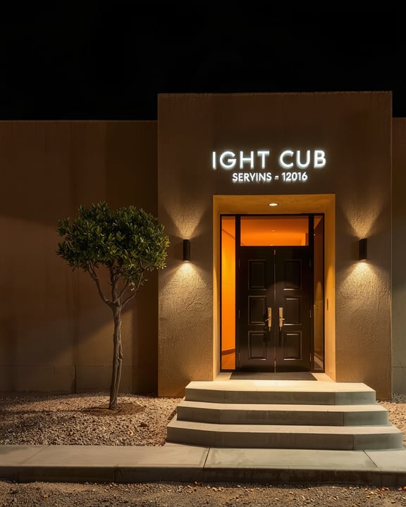 La entrada de ARENA de noche, con la luz saliendo por la puerta y el árbol al costado