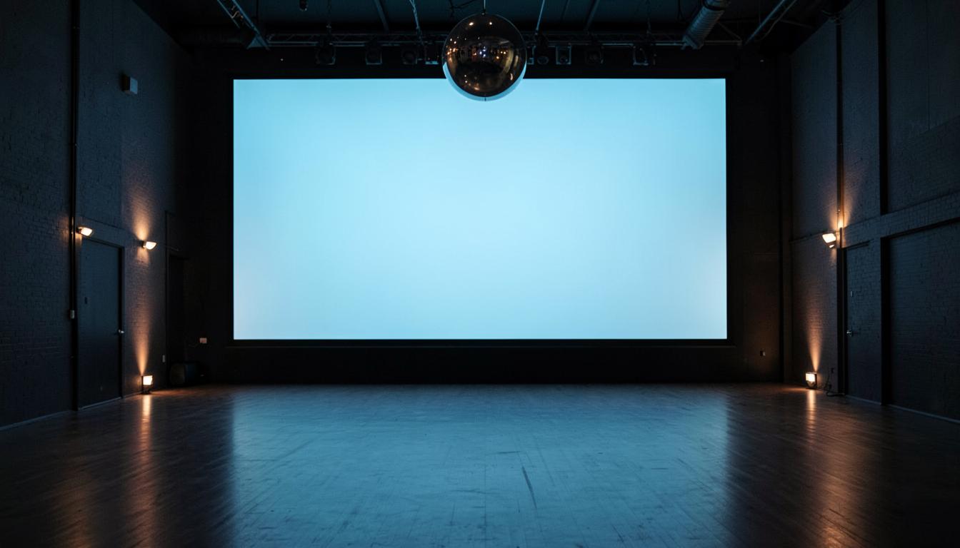 La sala principal con la pantalla gigante encendida en azul y la bola de espejos quieta