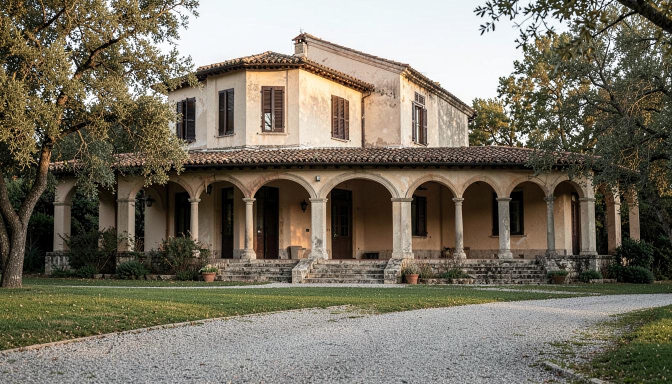 La casona vista desde el jardín, con la galería de arcos y las ventanas altas