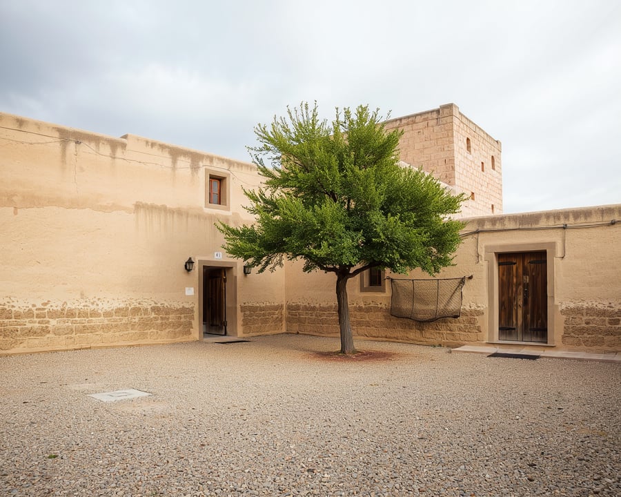 El patio de grava de ARENA de día, con el árbol dando sombra sobre el estucado
