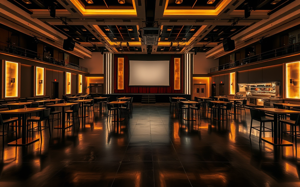 La sala principal del club puesta para un evento de empresa, con las mesas altas y la pantalla apagada
