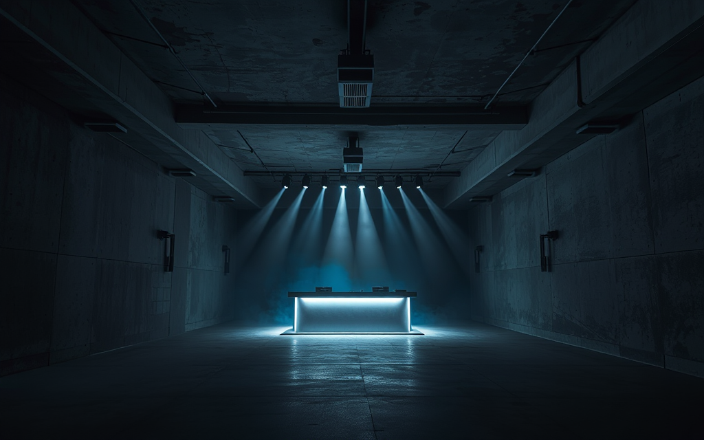 El sótano de techno vacío, con los haces de luz cruzando el humo