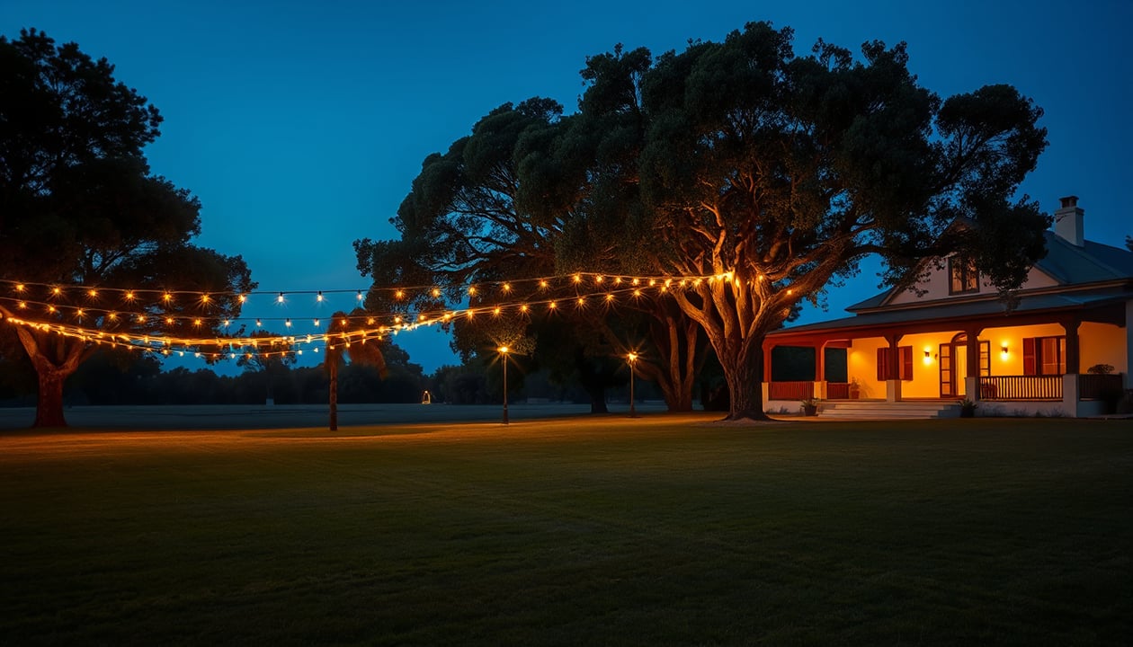 El predio entero de la quinta al caer la tarde, con las guirnaldas de luces recién prendidas