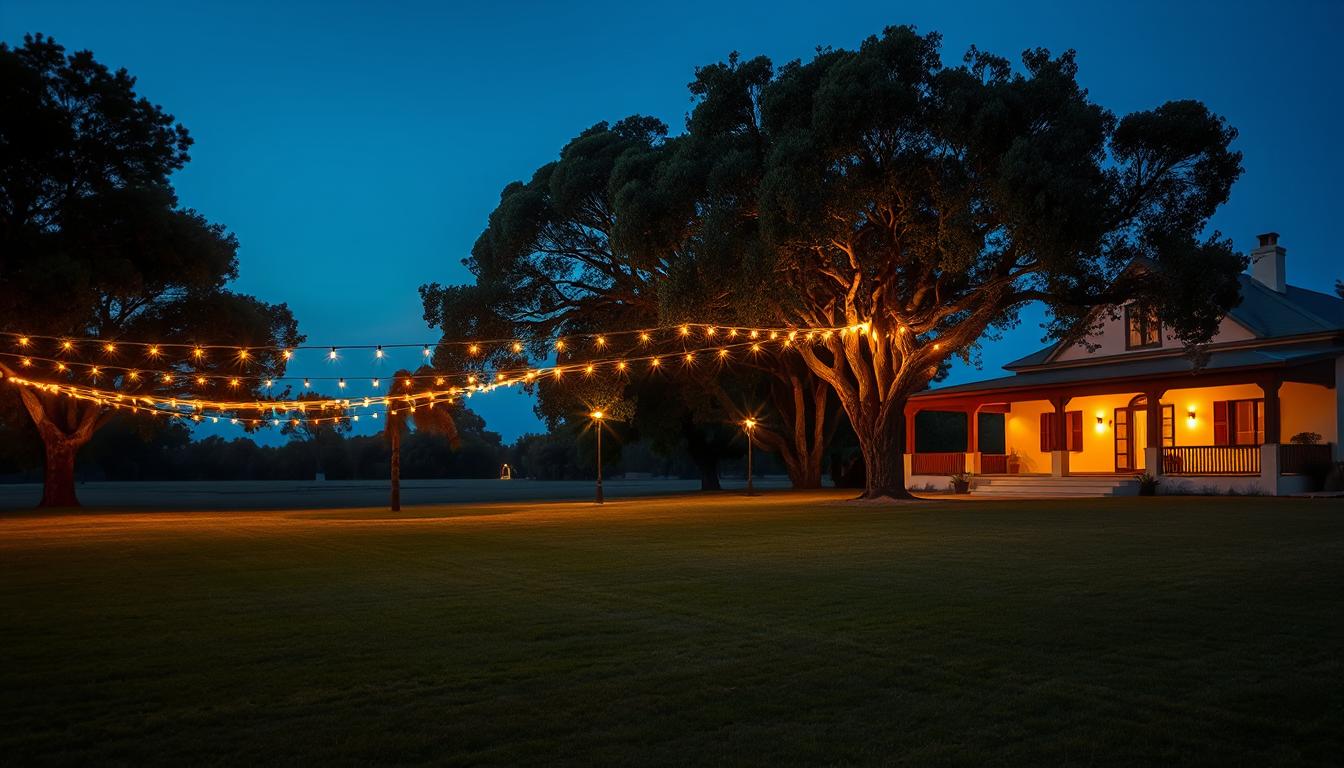 El predio entero de la quinta al caer la tarde, con las guirnaldas de luces recién prendidas