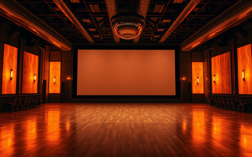 La sala principal con la pantalla gigante apagada y la pista vacía