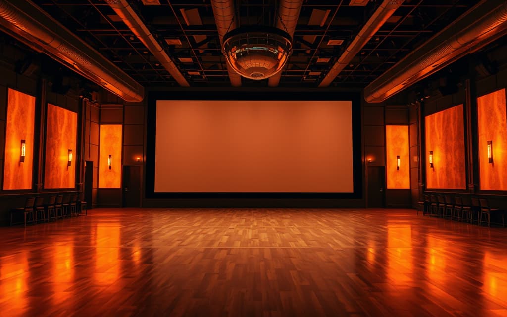 La sala principal con la pantalla gigante apagada y la pista vacía