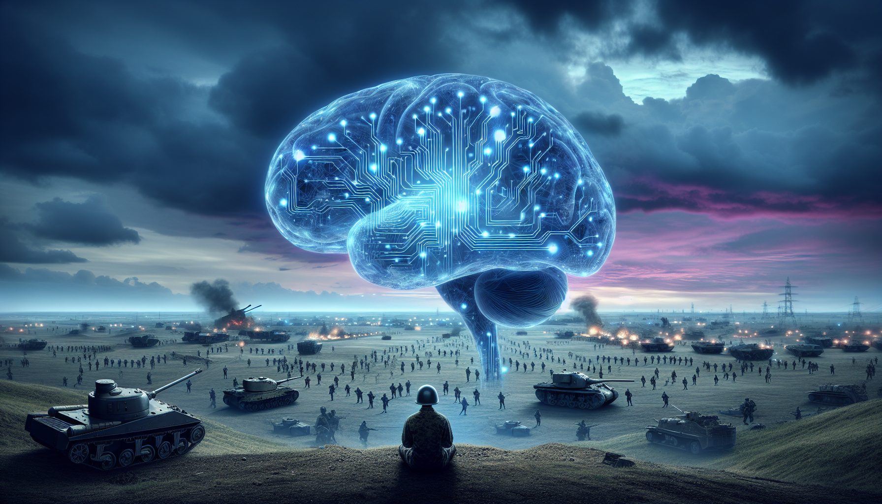 AI brain, warzone backdrop, dim twilight