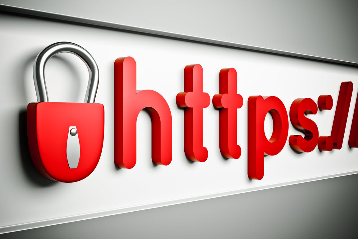 מנעול אדום עם כפתור וטקסט 'https' בחומרי ייצוג תלת-ממדי על רקע לבן