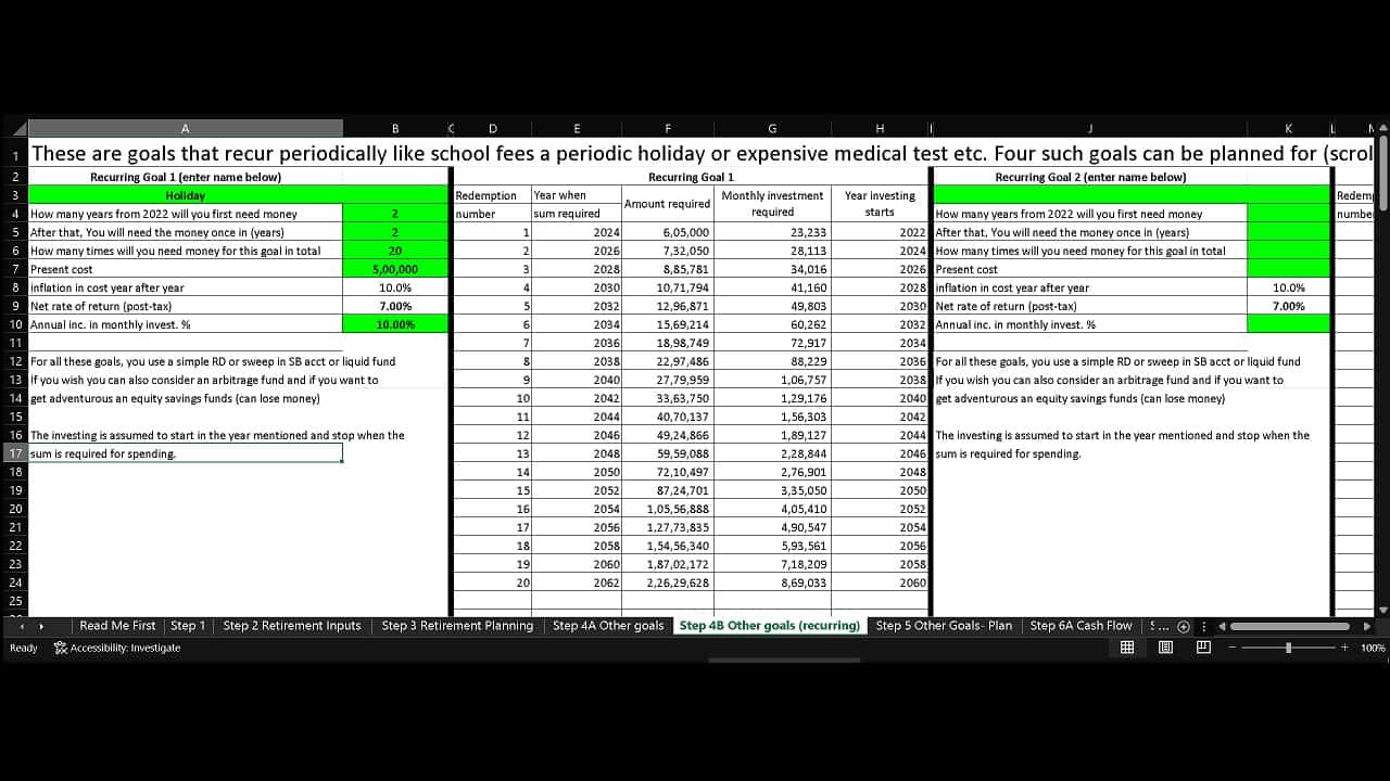 Screenshot of the recurring goal calculator module from the freefincal robo advisory tool