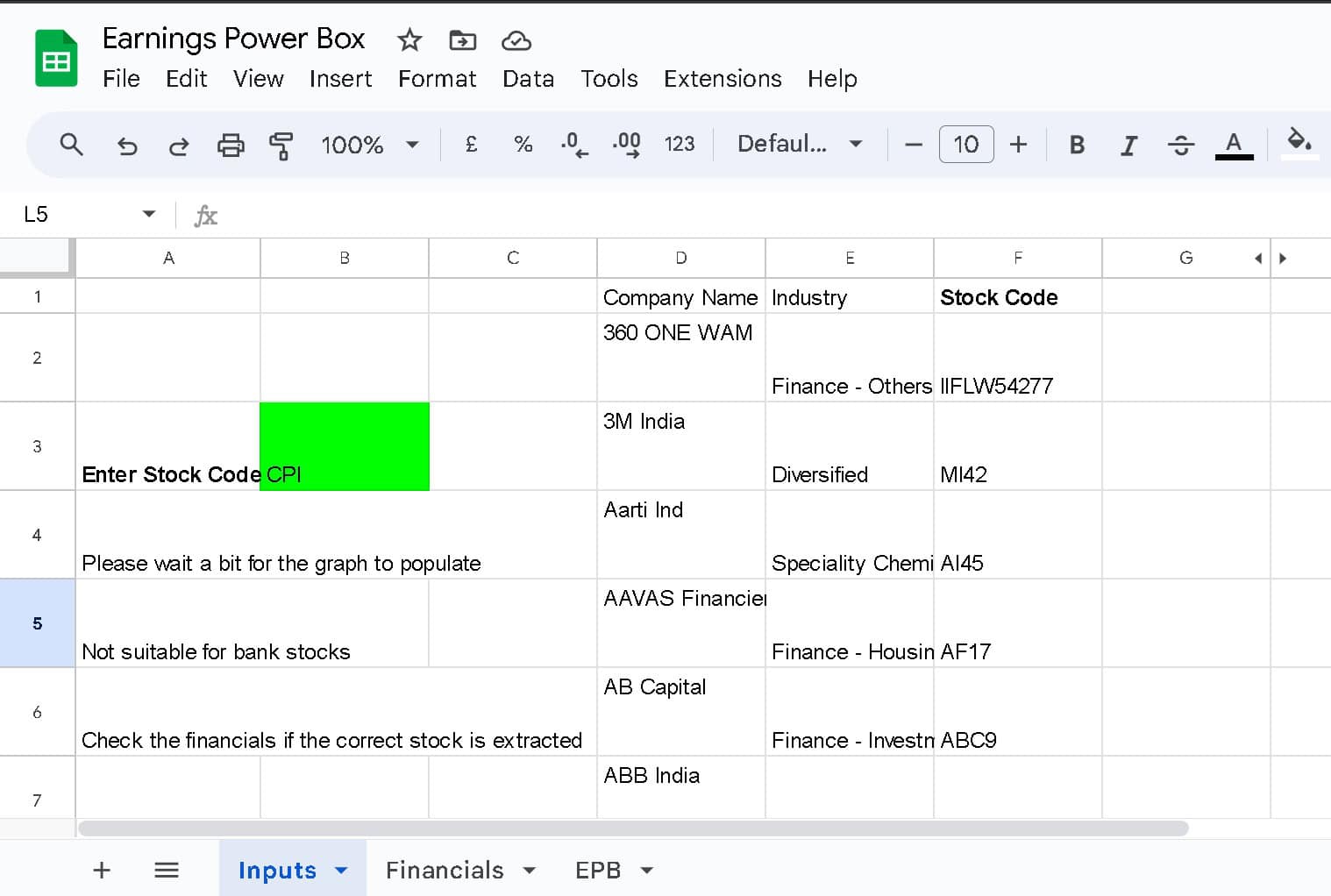 Earnings Power Box Input Page Where User Has to Enter Stock Code Earnings Power Box Input Page Where User Has to Enter Stock Code