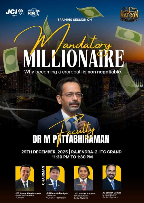 Poster for M Pattabiramans training session at JCI India's 70th National Convention Dec 29th 2025