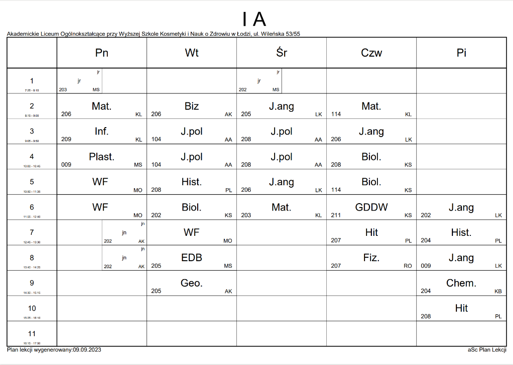 Plan Lekcji klas 1 ALO