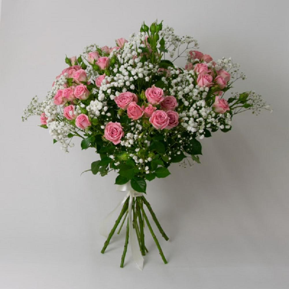 Bouquet with 24 Pink Roses, Baby's Breath and Greenery