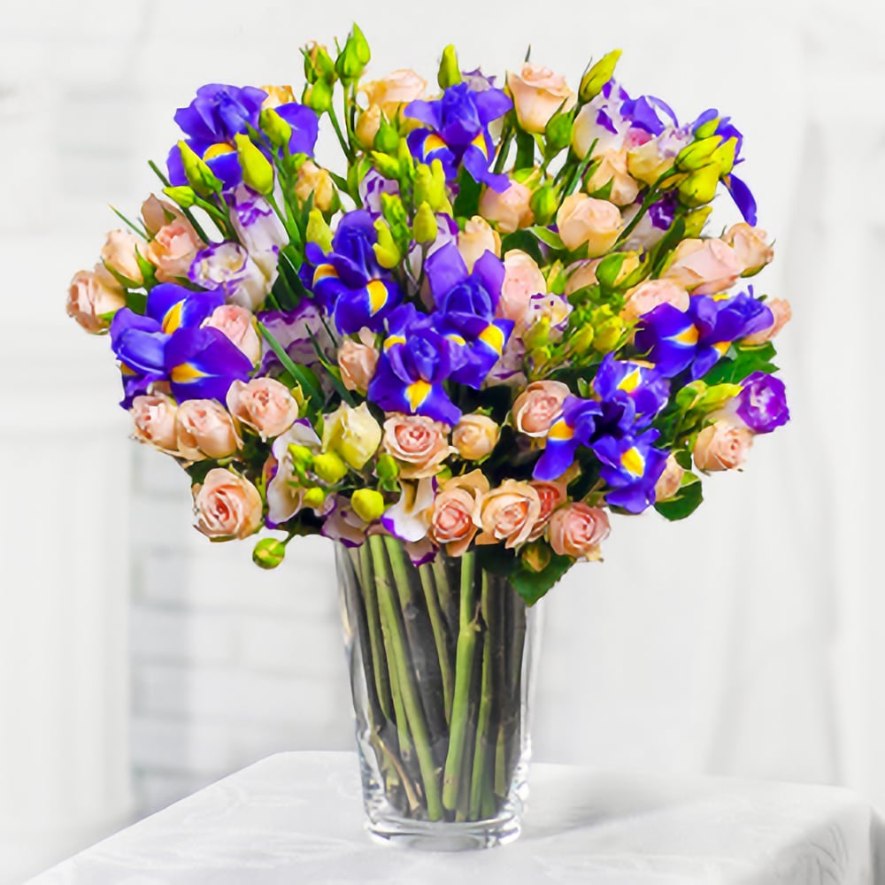 Bouquet «First love Spray Roses, Irises and Lisianthuses» order and