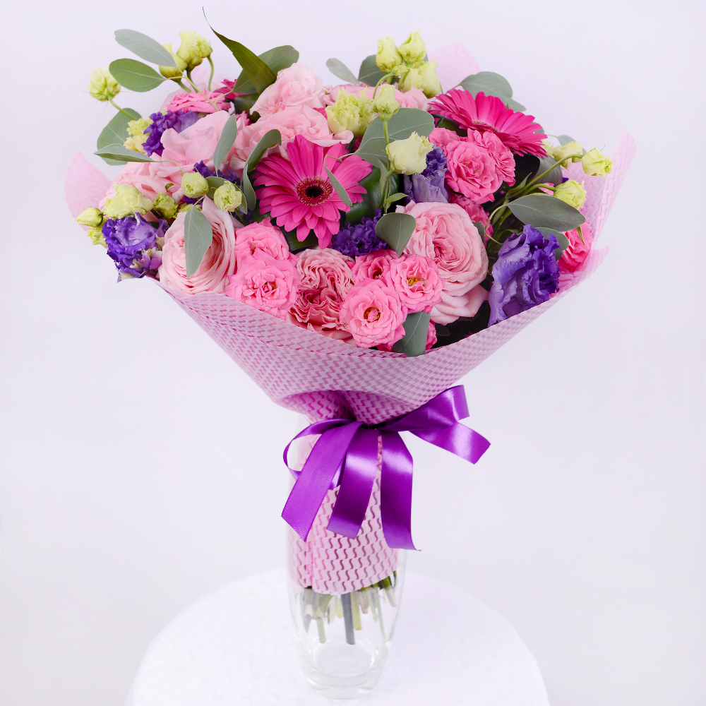 Ardent Love Bouquet with Pink Roses, Pink Gerbera Daisies, Pink