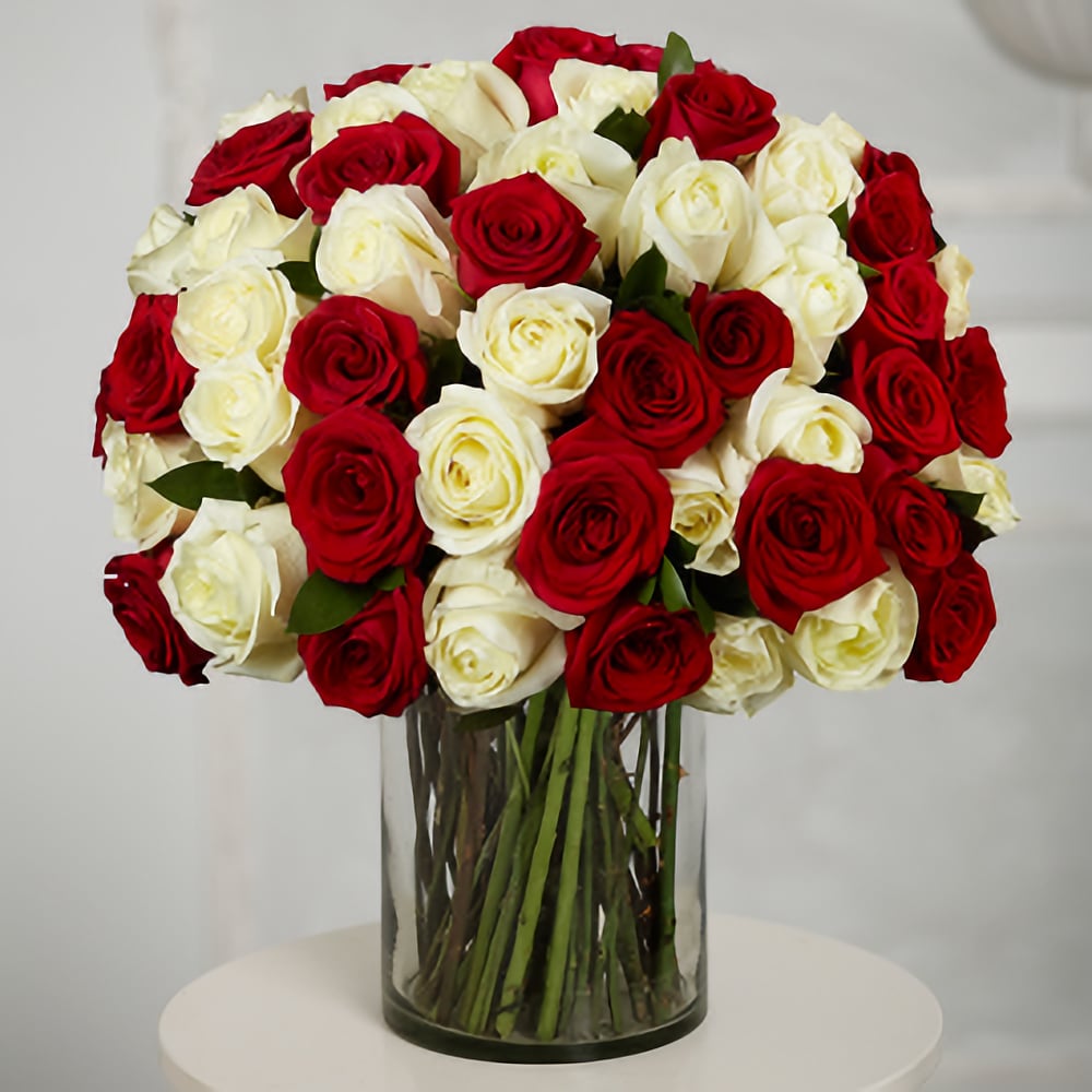Bouquet '50 Red and White Roses' - order and send for 275 $ with same day  delivery - MyGlobalFlowers